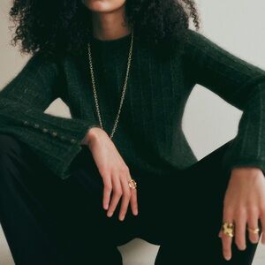 Sezane Dark Green Ribbed Crew Neck Sweater